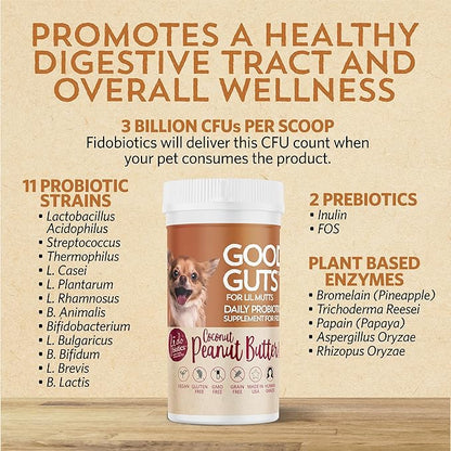 Fidobiotics Good Guts for Lil Mutts Probiotic for Dogs, Billions of CFUs, 11 Strains, 5 Digestive Enzymes, 2 Prebiotics, Digestive Gut Health for Dogs, Adult & Puppy Probiotics Supplements (30 Days)