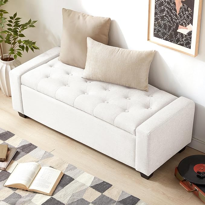 48" Ottoman with Storage, White Storage Ottoman Bench with Safety Hinge, Upholstered Entryway Bench with Seating for Bedroom, Living Room, Holds up to 330 lb