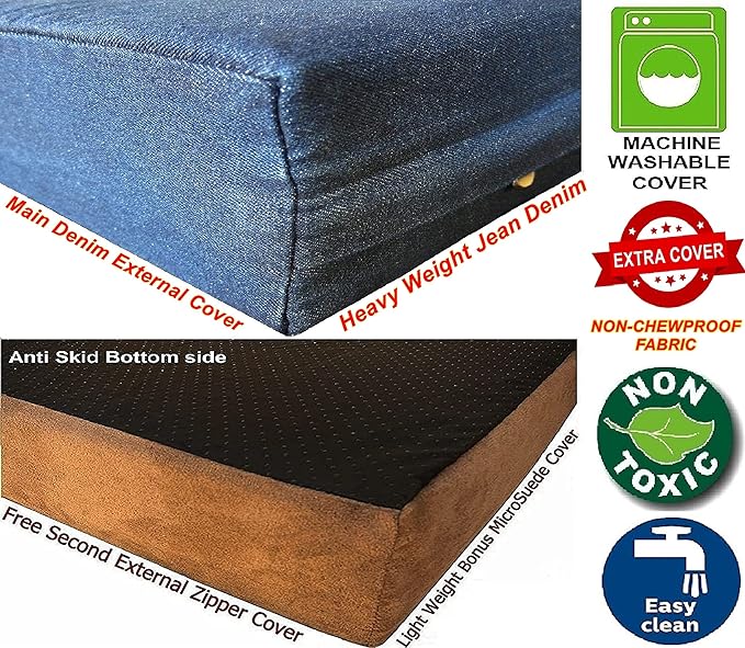 Dogbed4less Extra Large Orthopedic Memory Foam Dog Bed for Large Dogs with Durable Waterproof Internal Case, Removable Washable Denim Cover and Bonus Pet Bed Cover, 47X29X4 Fits 48X30 Dog Crate, Blue