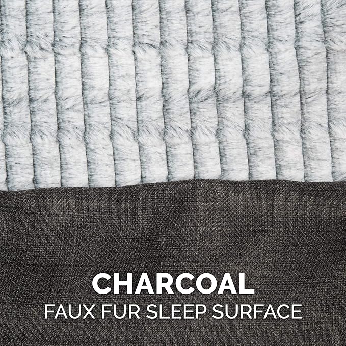 Furhaven Cooling Gel Dog Bed for Large/Medium Dogs w/ Removable Bolsters & Washable Cover, For Dogs Up to 55 lbs - Luxe Faux Fur & Performance Linen Sofa - Charcoal, Large