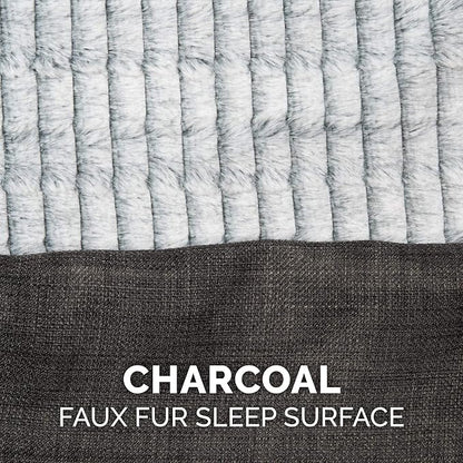 Furhaven Cooling Gel Dog Bed for Large/Medium Dogs w/ Removable Bolsters & Washable Cover, For Dogs Up to 55 lbs - Luxe Faux Fur & Performance Linen Sofa - Charcoal, Large