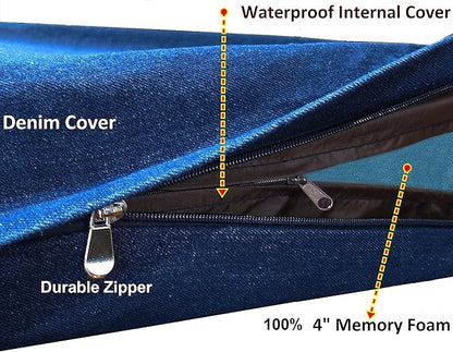 Dogbed4less Premium Orthopedic Memory Foam Dog Bed for Medium Large Dogs, Washable Durable Denim Cover, Waterproof and Extra External Pet Bed Case 37"X27"X4"