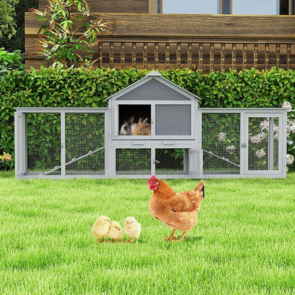 82.5” Large Wooden Rabbit Hutch Outdoor Easy to Assemble Rabbit Cage and Durable Bunny Hutch Indoor with Cleaning Tray & Waterproof Roof for Small and Medium Bunny Rabbit Chick (Grey)