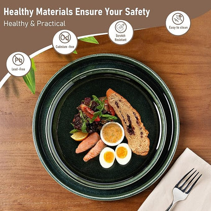 GBHOME Ceramic Dinnerware Sets for 6, 18 Pieces Stoneware Plates and Bowls Sets, Reactive Glaze Dishes -Scratch Resistant, Dishwasher&Microwave Safe, Earth Green