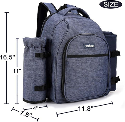 Apollo Walker Picnic Backpack Bag for 2 Person with Cooler Compartment, Detachable Bottle/Wine Holder, Fleece Blanket, Plates and Cutlery Set (2 Person, Navy)