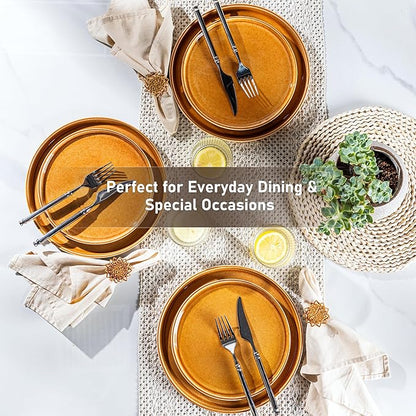 GBHOME Ceramic Dinnerware Sets for 4, 12 Pieces Stoneware Plates and Bowls Sets, Scratch Resistant Dishes, Dishwasher & Microwave Safe, Reactive Glaze-Amber