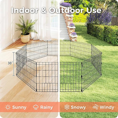 Foldable Dog Playpen 30" Height 8 Panels Metal Exercise Pen No Door - Indoor/Outdoor Puppy Playpen for Small Dogs, Portable Pet Fence for Yard Garden Camping, Black