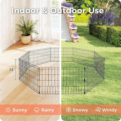 Foldable Dog Playpen 24" Height 8 Panels Metal Exercise Pen No Door - Indoor/Outdoor Puppy Playpen for Small Dogs, Portable Pet Fence for Yard Garden Camping, Black