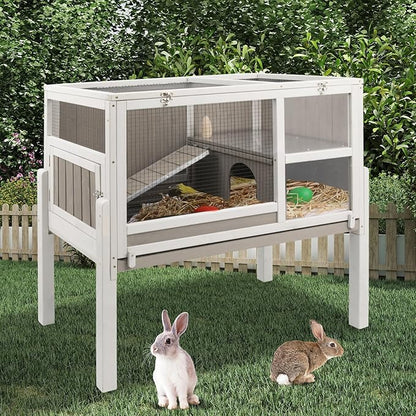 38" L Rabbit Hutch Bunny Cage,Fir Wood Rabbit Cage Indoor Outdoor with Pull Out Tray,Bunny Hutch with Ramp and Hideout,Guinea Pig Cages Rabbit Hutch Indoor with Detachable 4 Legs