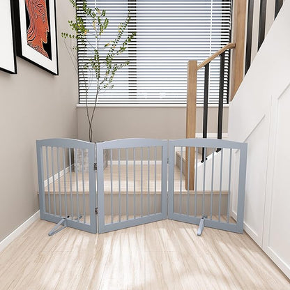 Freestanding Pet Gate for Dogs, Foldable Wooden Dog Gate for House, Indoor Dog Gate for Doorways, Stairs, Gates for Dogs Indoor, Support Feet Included, 24" Height 3 Panels, Grey