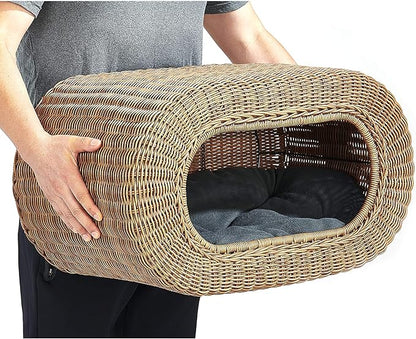 Fun Stackable Wicker Cat Hideaway House - Interactive Play Rattan Cat House for Indoor Cats Kitty, Pet Friendly Top/Side House Entry, Cat Bed Enclosed