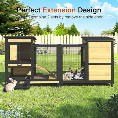 40'' Rabbit Cage Bunny Cage Indoor, Outdoor Rabbit Hutch for Small Animals, 2-Story Wooden Guinea Pig Cages with Wheels & 2 Deeper No Leak Trays, Waterproof Openable Roof & Bottom Wire Mesh