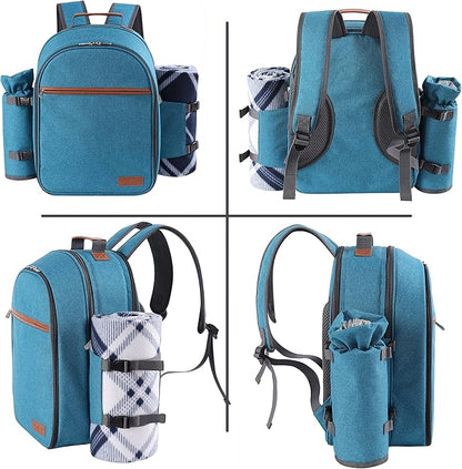 Apollo Walker Picnic Backpack Set for 2 Person with Cooler Compartment, Detachable Bottle/Wine Holder, Fleece Blanket, Plates and Cutlery Set (Teal)