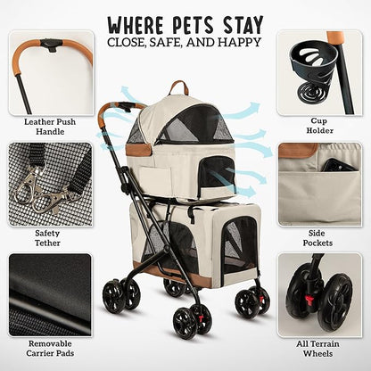 Double Pet Stroller with Detachable Carriers - Ideal for 2 Dogs or Cats - Compact & Convenient Design - Easy Assembly Double Dog Stroller - Cosmic Beige
