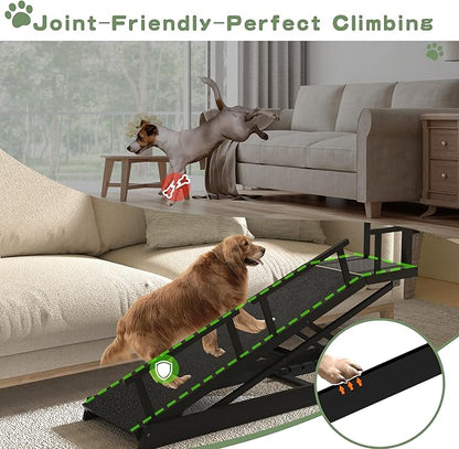 6 Level Height Adjustable Dog Ramp for Bed, Couch 65" Foldable Pet Ramp with Non-Slip Mat，DIY Glow Strips & Rest Platform Heavy Duty Dog Stairs for Large Dogs up to 200Lbs ，Black