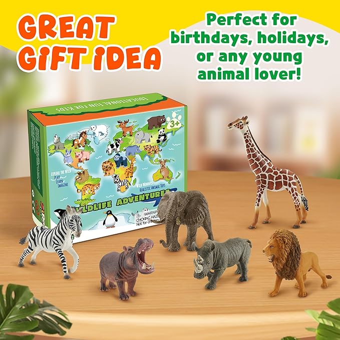 6PCS Safari Animal Figure Toys for Kids 3-5 Realistic Plastic Jungle Animal Figurines African Wildlife Learning Toys for Kids Boys Girls Toddlers