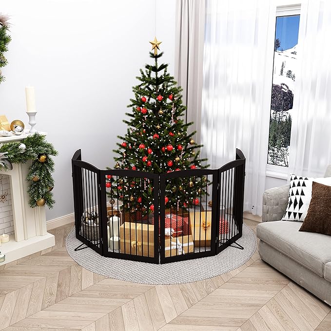 Freestanding Pet Gate for Dogs, Indoor Wooden Foldable Dog Gate for House, Extra Wide, Pet Fence for Stairs, Doorways, Halls, Support Feet Included, 120 Inch Wide, 6 Panels 32",Brown