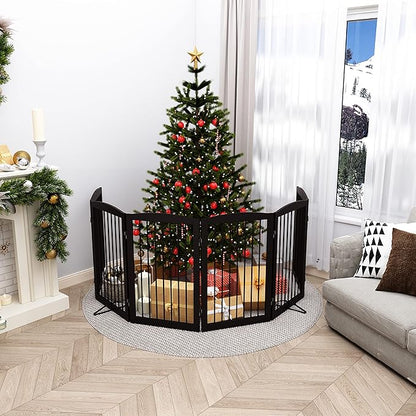 Freestanding Pet Gate for Dogs, Indoor Wooden Foldable Dog Gate for House, Extra Wide, Pet Fence for Stairs, Doorways, Halls, Support Feet Included, 120 Inch Wide, 6 Panels 32",Brown