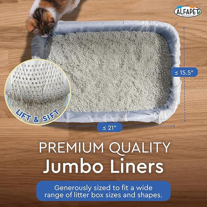 Alfapet Sifting Cat Litter Box Liners - Jumbo 15 Count, Pack of 5 - Tear-Resistant Cat Litter Bags, Waterproof Kitty Litter Liners, Fits Litterbox Pan Sizes X-Large, X-Giant, 37" x 18" 30 lb Capacity