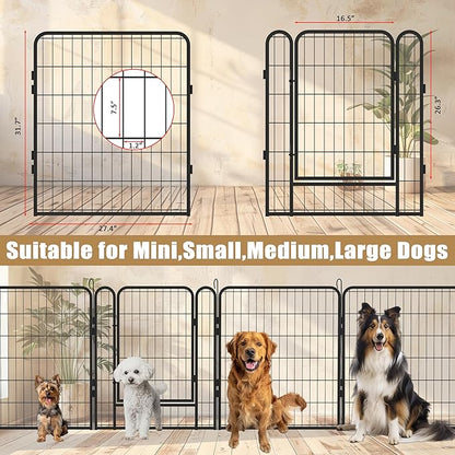 Dog Playpen, Outdoor Dog Fence, 16 Panels, 32" H Dog Pen for Medium/Small Dogs, Heavy Duty Metal Pet Fence with Gate, Portable Dog Fence for RV Camping and Yard (Black)