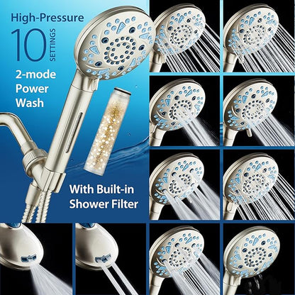 AquaCare High Pressure 10 Spray Mode Filtered Showerhead - Handheld Shower Head Filters Chlorine to Heal Dry Skin, Revive Hair - Dual Power Wash Cleans Tub, Tile, Pets - Hard Water Softener, Nickel