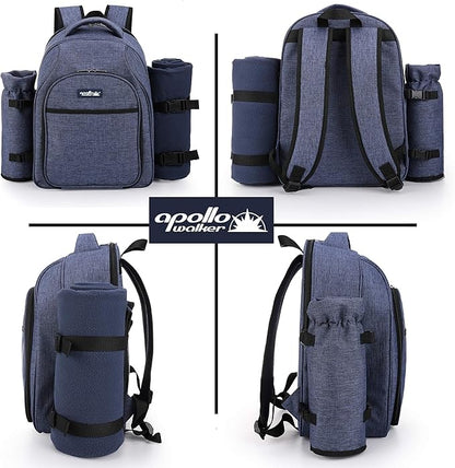 Apollo Walker Picnic Backpack Bag for 2 Person with Cooler Compartment, Detachable Bottle/Wine Holder, Fleece Blanket, Plates and Cutlery Set (2 Person, Navy)