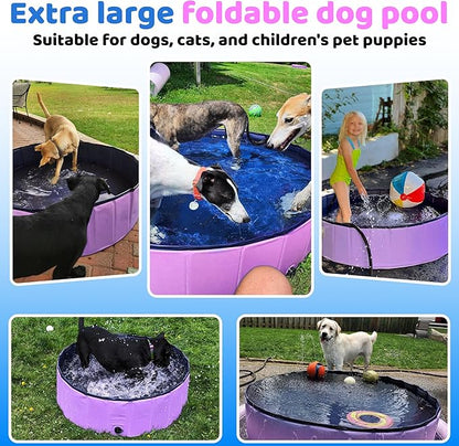 2025 Updated Foldable Dog Pool, 39.5" x 12" Kiddie Pool with Hard Plastic, Non-Slip Dog Bath Tub for Outdoor Backyard, Collapsible Dog Swimming Pool for Kids Dogs Pets (Pink)