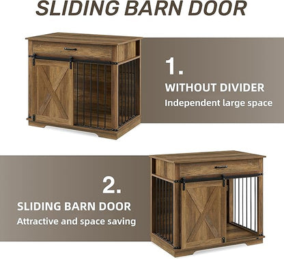 EDYO LIVING 38" Large Dog Crate Furniture with Sliding Barn Door, Wooden Dog Kennel with Drawer for Storage, Water Resistant Indoor Furniture Style Dog Crate for Small/Medium/Large Dog, Rustic Oak