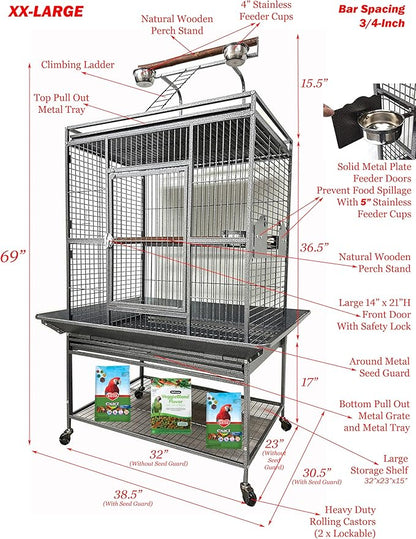Extra Large Elegant and Durable Wrought Iron Climbing Ladder Perch Stand Play Top Ground Bird Parrot Metal Cage Around Seed Guard Storage Shelf with Heavy Duty Lockable Rolling Wheels