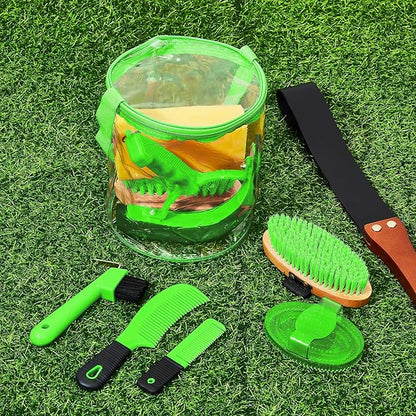 9 Pieces Horse Grooming Kit Tack Room Supplies Set with Organizer Tote Bag, Oval Massage Curry, Hard and Soft Brush, Hoof Pick, Sweat Scraper, Bathing Sponge, Combs for Horse Riders Beginners (Green)