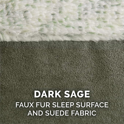 Furhaven Cooling Gel Dog Bed for Medium/Small Dogs w/ Removable Bolsters & Washable Cover, For Dogs Up to 35 lbs - Two-Tone Plush Faux Fur & Suede L Shaped Chaise - Dark Sage, Medium