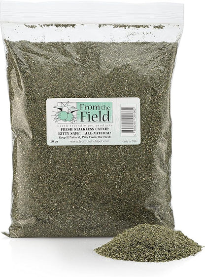 from The Field | Fine Ground Stalkless Catnip | Premium USA-Grown Catnip for Toys & Playtime | Fresh, Potent, Non-Toxic, Eco-Friendly | Safe for Kittens & Cats | Resealable 10 Oz Bag