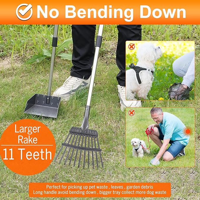 Dog Pooper Scooper, Adjustable Handle Poop Scooper with Tray,Rake and Spade Set of 3, Steel Stainless Poop Scoop for Medium Large Dogs and Pet Waste on Grass, Dirt and Gravel (Large Size)