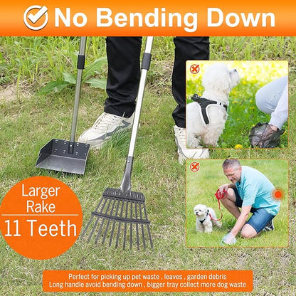 Dog Pooper Scooper, Adjustable Handle Poop Scooper with Tray,Rake and Spade Set of 3, Steel Stainless Poop Scoop for Medium Large Dogs and Pet Waste on Grass, Dirt and Gravel (Large Size)