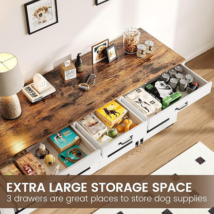 71 Inch Dog Crate Furniture for 2 Rooms, Wooden Double Crate Large Breed with Door, Dog Kennel Indoor, TV Stand End Table with Divider for Large Medium Dogs,White/Brown