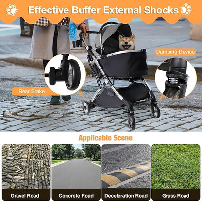 Dog Stroller for Small Medium Dogs, 3 in 1 Folding Pet Stroller Up to 33 lbs, 4 Wheels Pet Strolling Cart with Zipperless Entry, Cat Dog Travel Carrier with Telescopic Handle and Storage Basket