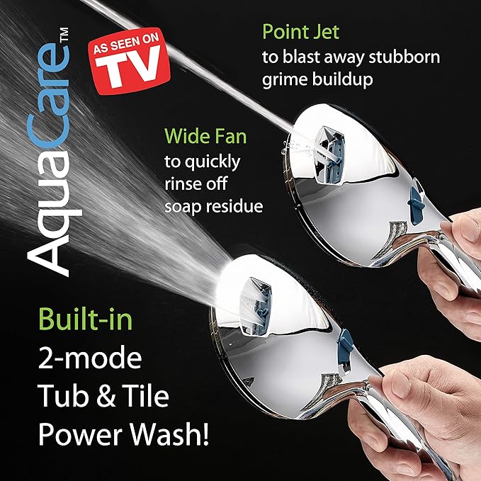 AquaCare High Pressure 8-mode Handheld Shower Head - Anti-clog Nozzles, Built-in Power Wash to Clean Tub, Tile & Pets, Extra Long 6 ft. Stainless Steel Hose, Wall & Overhead Brackets