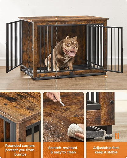 Feandrea Dog Crate Furniture, 38 Inches Dog Kennel for Dogs up to 70 lb, with Removable Tray, Heavy-Duty Dog Cage End Table, Double Doors Dog House, Rustic Brown UPFC013X01