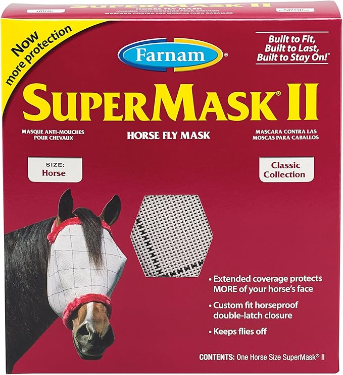 Farnam SuperMask II horse fly mask without ears, extended coverage, protects eyes from insects and debris, adjustable throat latch, Average Horse Size