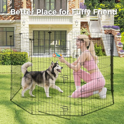 Foldable Dog Playpen 42" Height 8 Panels Metal Exercise Pen with Door - Indoor/Outdoor Dog Play Pen for Medium-Large Dogs, Portable Pet Fence for Yard Garden Camping, Black