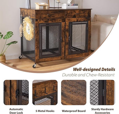 43" Large Dog Crate Furniture, Wood Dog Kennel End Table with Drawers, Decorative Pet Crate with Removable Partitions & Wheels, Dog House Indoor for Large/Medium/Small Dogs
