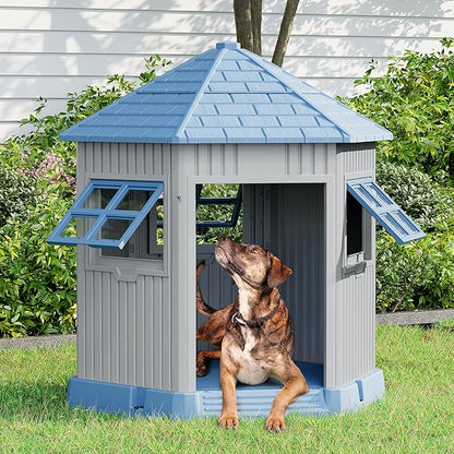 Durable Dog House Indoor Outdoor for Small Medium Dogs, Weatherproof Puppy Shelter with Elevated Floor & Air Vents, Easy Clean and Assemble (Blue, 36.61L*29.5W*37.4H)