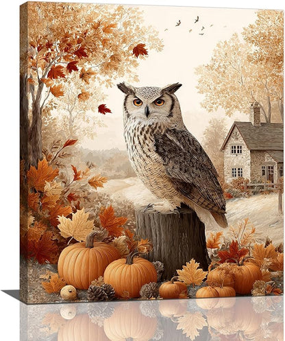 Fall Owl Wall Art Autumn Pumpkin Leaves Wall Decor Rustic Canvas Print Farmhouse Pictures Painting Print Framed Artwork Decorations Gifts for Living Room Bathroom Bedroom Office 20"x24"