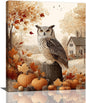Fall Owl Wall Art Autumn Pumpkin Leaves Wall Decor Rustic Canvas Print Farmhouse Pictures Painting Print Framed Artwork Decorations Gifts for Living Room Bathroom Bedroom Office 20"x24"