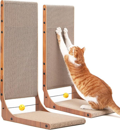 FUKUMARU Cat Scratcher, 26.8 Inch Cat Scratch Pad for Indoor Cats, L Shaped Cardboard Vertical Cats Scratching Board with Ball Toy, Walnut Color, 2 Packs