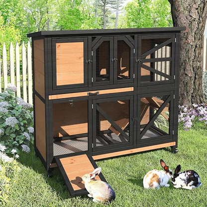 47.3" Two Story Rabbit Cage Bunny Cage Indoor, Wooden Rabbit Hutch Hamster Cages for Small Animals, Outdoor Guinea Pig Cages with Wheels & 2 Removable Trays & Bottom Wire Mesh