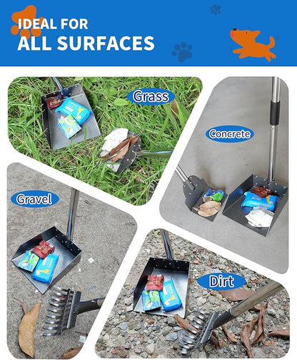 Dog Pooper Scooper Set, Stainless Metal Tray Rake Spade 3 Pack, Long Handle Pet Waste Scooper for Large Medium Small Dogs, Heavy Duty Poop Scooper for Yard, Grass, Dirt or Gravel