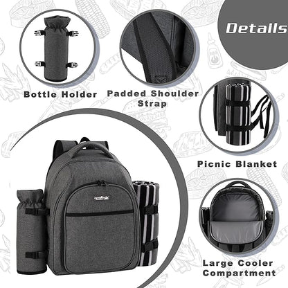 apollo walker Picnic Backpack Bag for 2 Person with Cooler Compartment, Detachable Bottle/Wine Holder, Fleece Blanket, Plates and Cutlery Set (2Person,Grey)