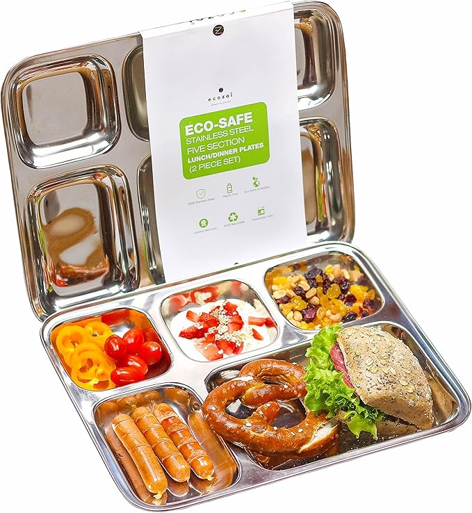 Extra Large Premium Stainless Steel Dinner Plates, 5 Compartments, Set of 2 | Eco Friendly Dinnerwear for Camping, Portion Control, Meal Prep, Lunch, and Party