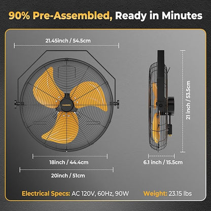 18 Inch Wall Mount Fan, Extended 6.6ft Power Cord, 360° Tilt Adjustment, 3-Speed, IP44 Industrial Commercial Wall Mounted Fan for Greenhouse, Garage, Workshop, Covered Patio, 2 Packs